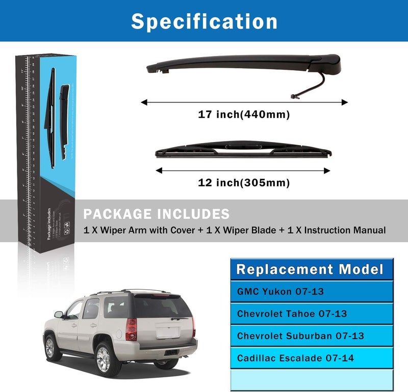 WTI Rear Wiper Arm Blade Set Compatible With GMC Yukon 2007-2014 / Compatible With Chevrolet Tahoe/Suburban/Escalade Rear Windshield Window Wiper Kits Assembly - Image 5